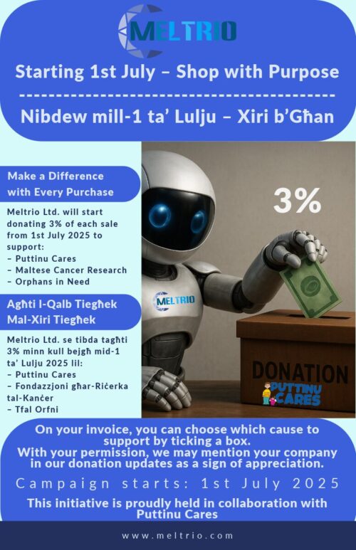 Robot placing a donation in a box with message about Meltrio Ltd donating 3% of sales starting 1st July 2025 to charitable causes